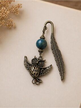Antique Bronze Owl Bookmark, Feather Charm, Boho Reader Gift